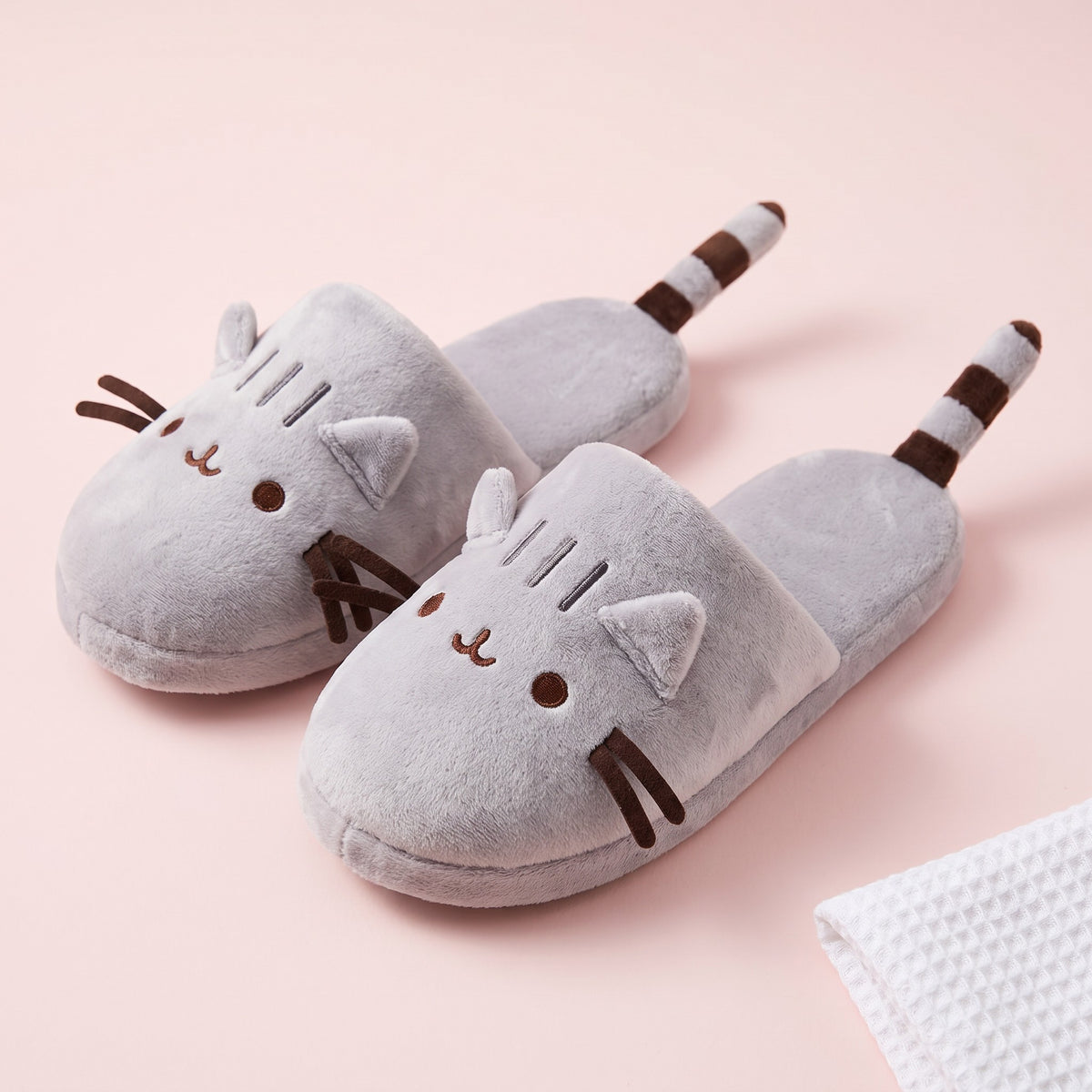 Snugglet Kitty Slippers in Gray, plush cat-face slide slippers