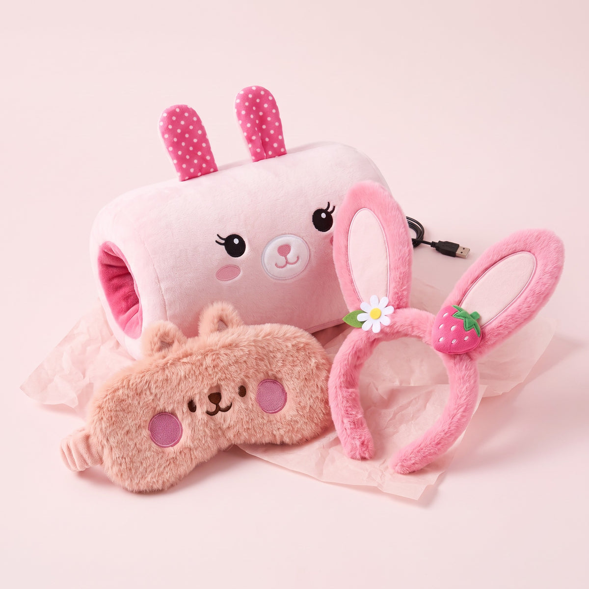 The Work Bestie Box: Pink Bunny Nap Buddy, Nap Kitty eye mask and Spa Band