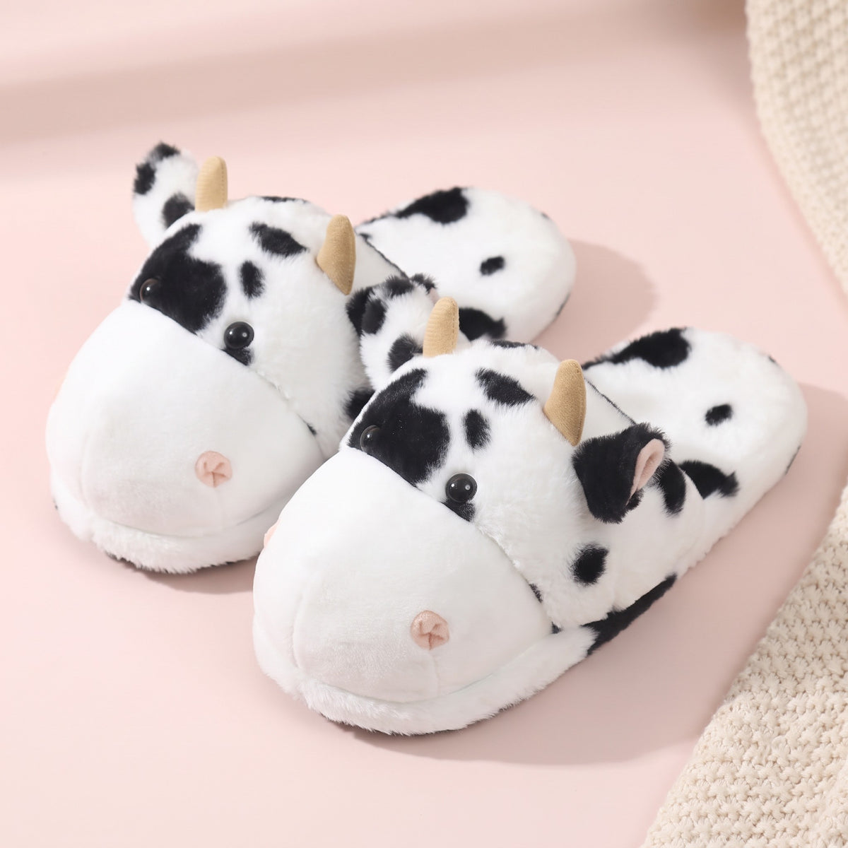 Snugglet Moo Slippers in Black Spots, plush cow house slippers