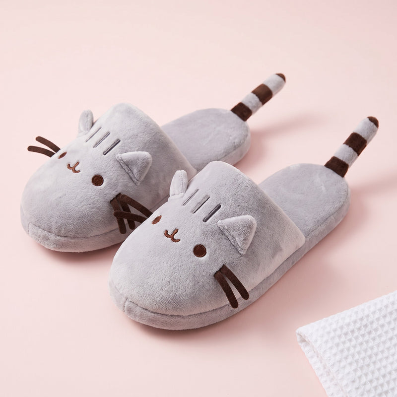 Snugglet Kitty Slippers in Gray, plush cat-face slide slippers