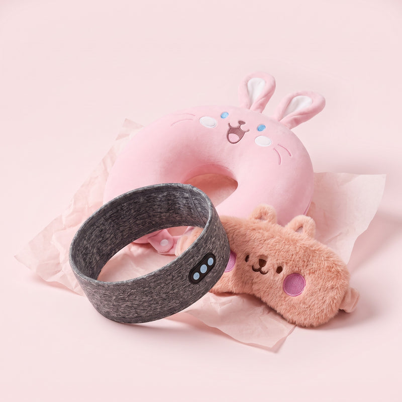 The Red-Eye Kit: Flight Bunny neck pillow, Heather Gray Dreamband and Nap Kitty eye mask