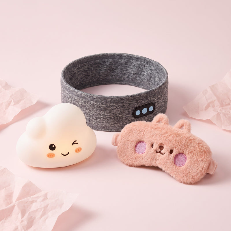 The Lights Out Kit: Heather Gray Dreamband, Cloud Glow night light and Nap Kitty eye mask