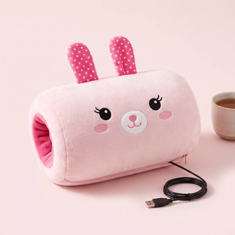Snugglet Nap Buddy in Pink Bunny, USB heated plush hand-warmer pillow
