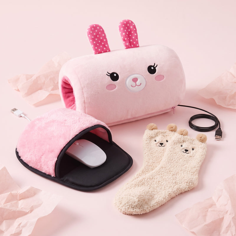 The Desk Day Kit: Pink Bunny Nap Buddy, Desk Muff and Bear Socks