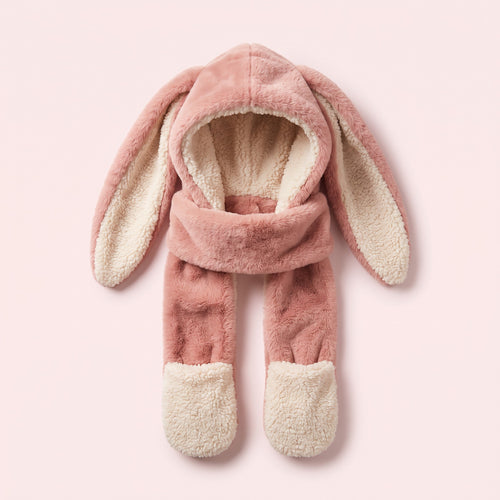 Snugglet Bunny Set in Pink, bunny-ear plush winter hood with matching scarf and cream mittens