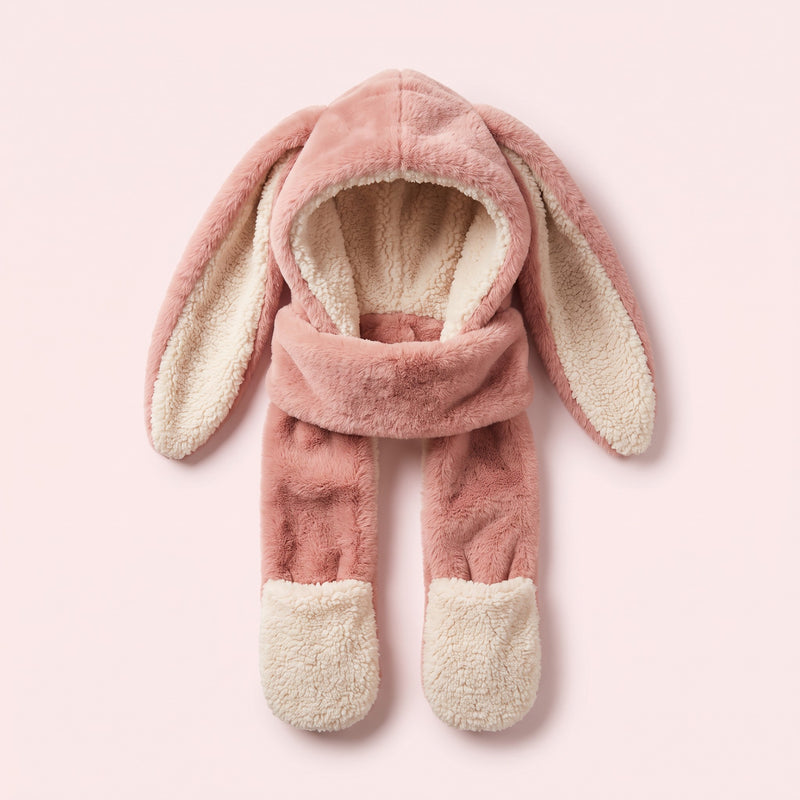 Snugglet Bunny Set in Pink, bunny-ear plush winter hood with matching scarf and cream mittens