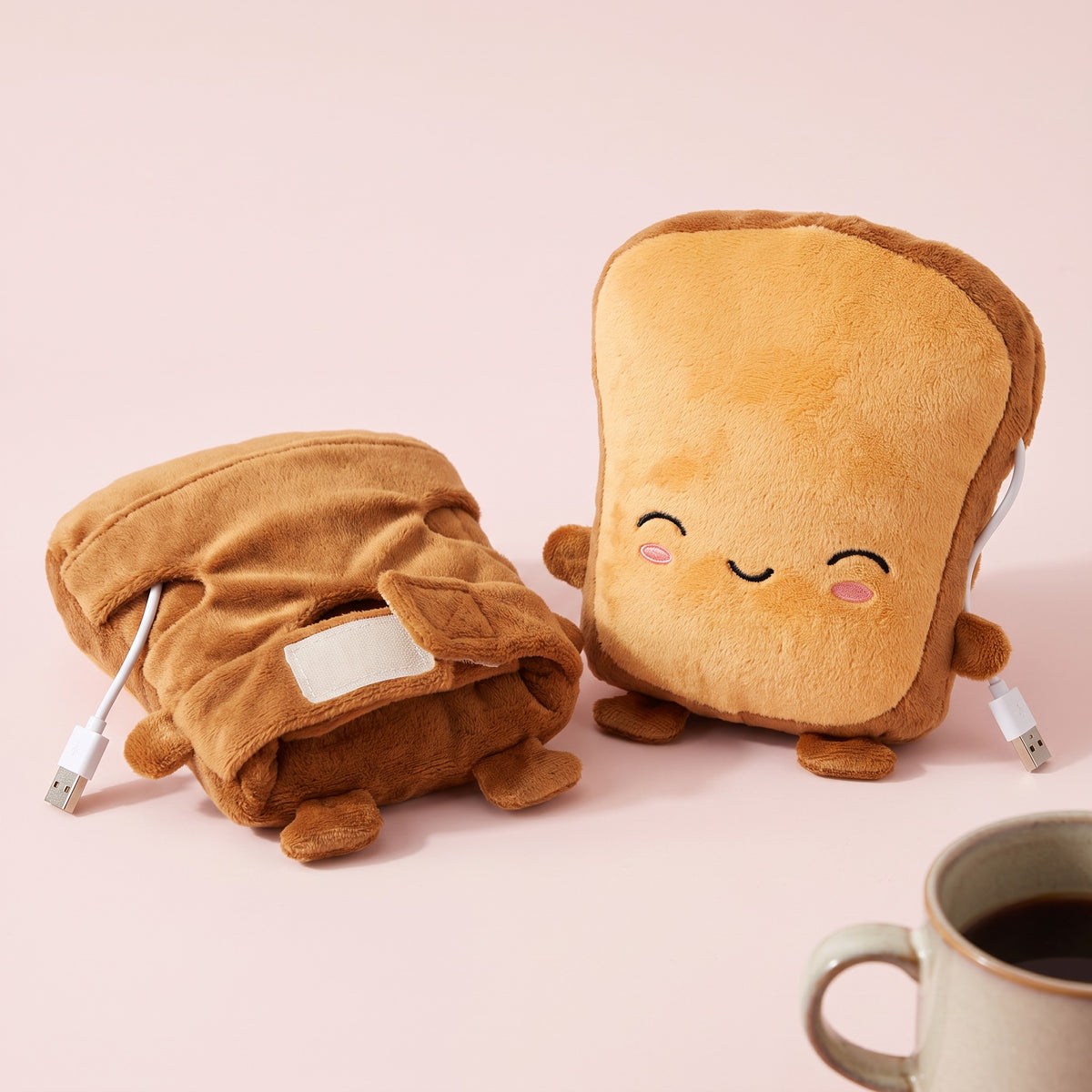 Snugglet Toast Mitts in Smiley Toast, USB heated plush hand-warmer mitts