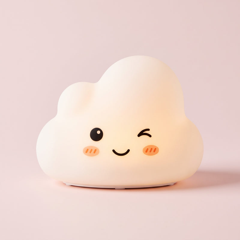 Snugglet Cloud Glow in White, squishy silicone cloud night light with a winking face