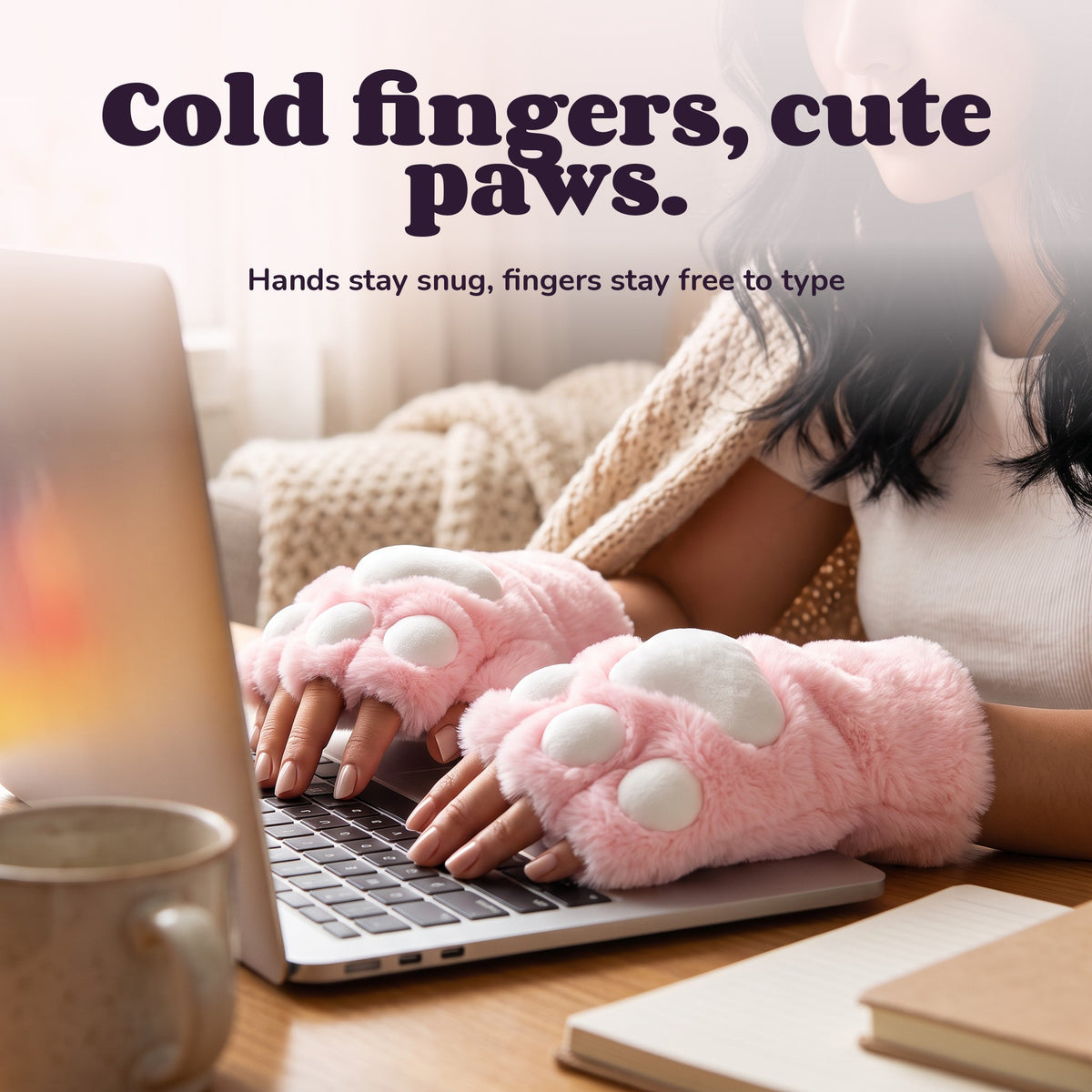 Woman using the Snugglet Paw Gloves – Cold fingers, cute paws.