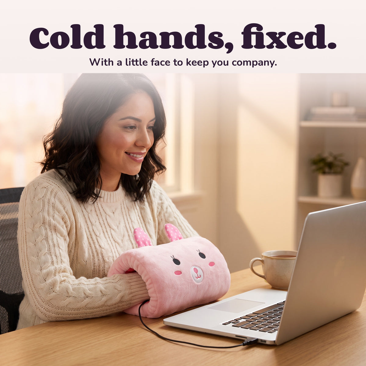 Woman using the Snugglet Nap Buddy – Cold hands, fixed.