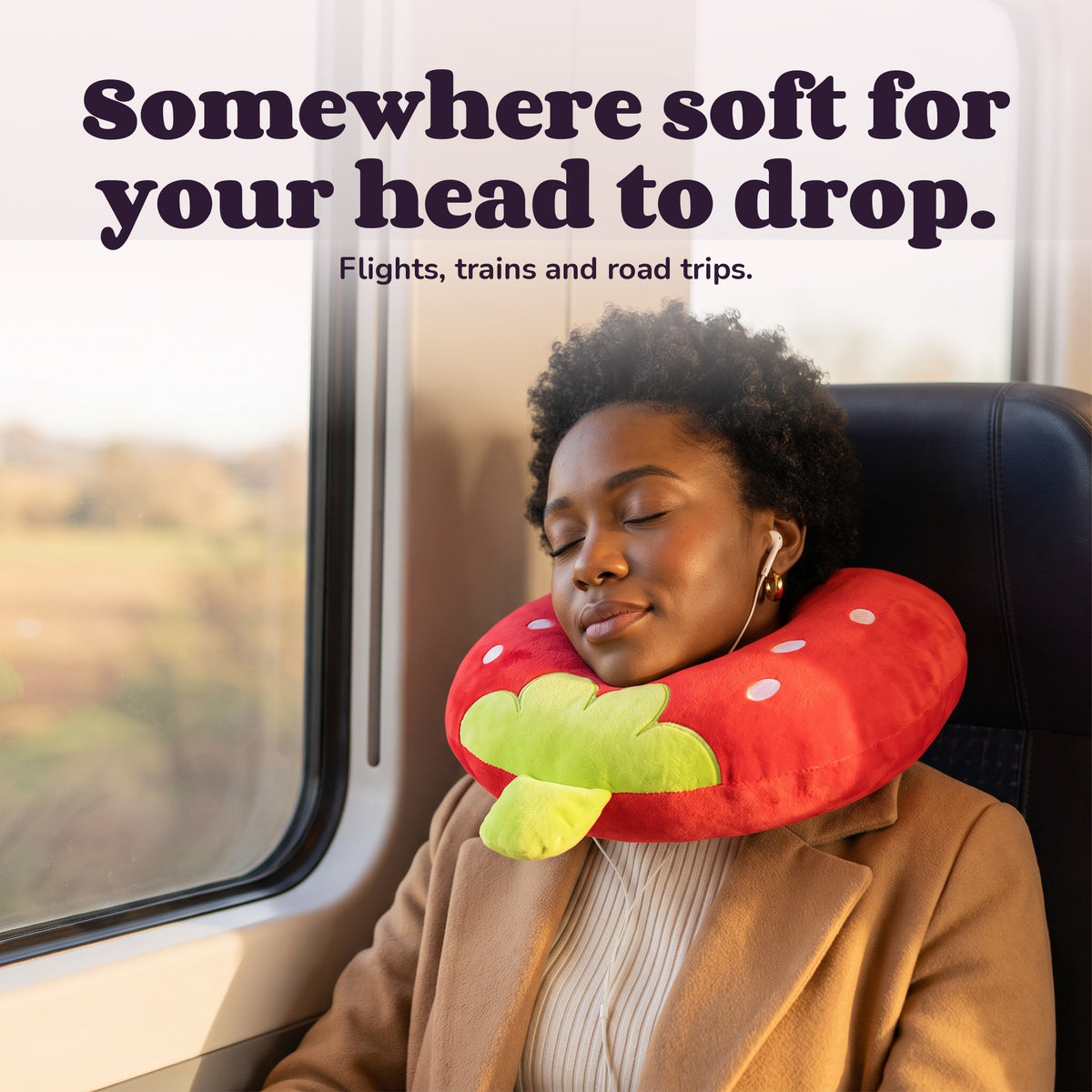 Woman using the Snugglet Snooze Ring – Somewhere soft for your head to drop.