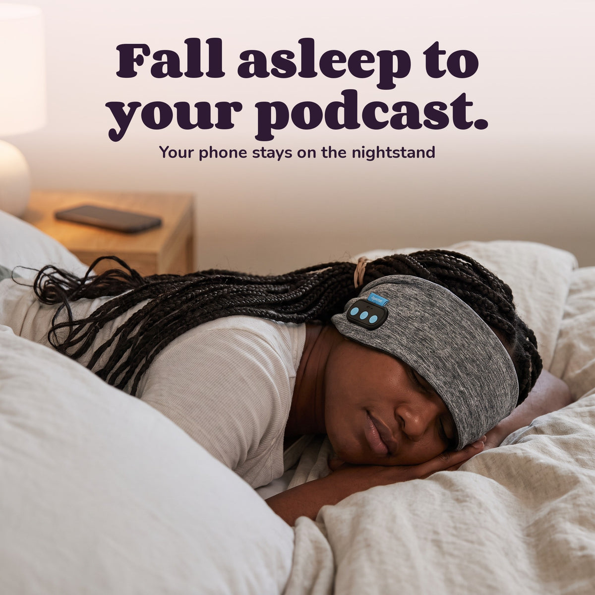 Woman using the Snugglet Dreamband – Fall asleep to your podcast.