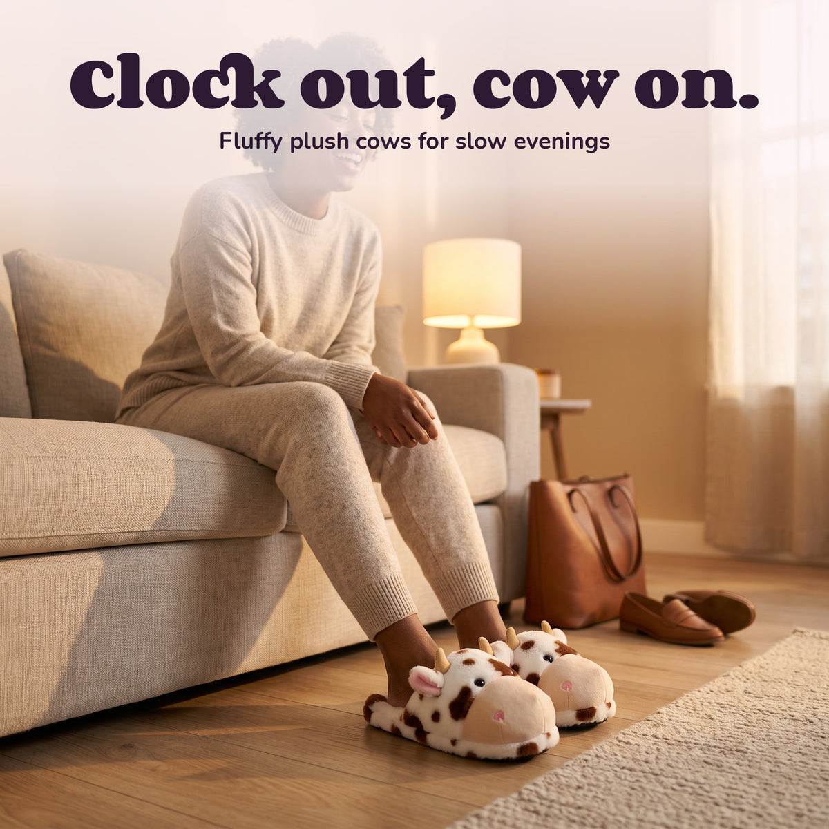 Woman using the Snugglet Moo Slippers – Clock out, cow on.