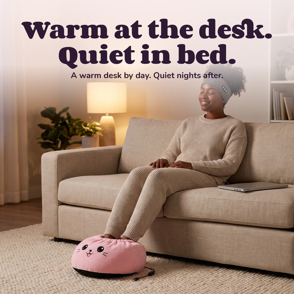 Woman unwinding with The Long Day Kit – Warm at the desk. Quiet in bed.