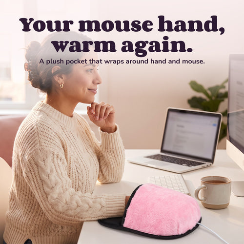 Woman using the Snugglet Desk Muff – Your mouse hand, warm again.