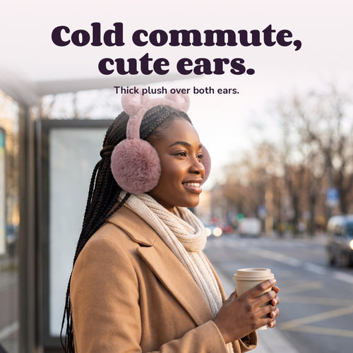 Woman using the Snugglet Bear Muffs – Cold commute, cute ears.