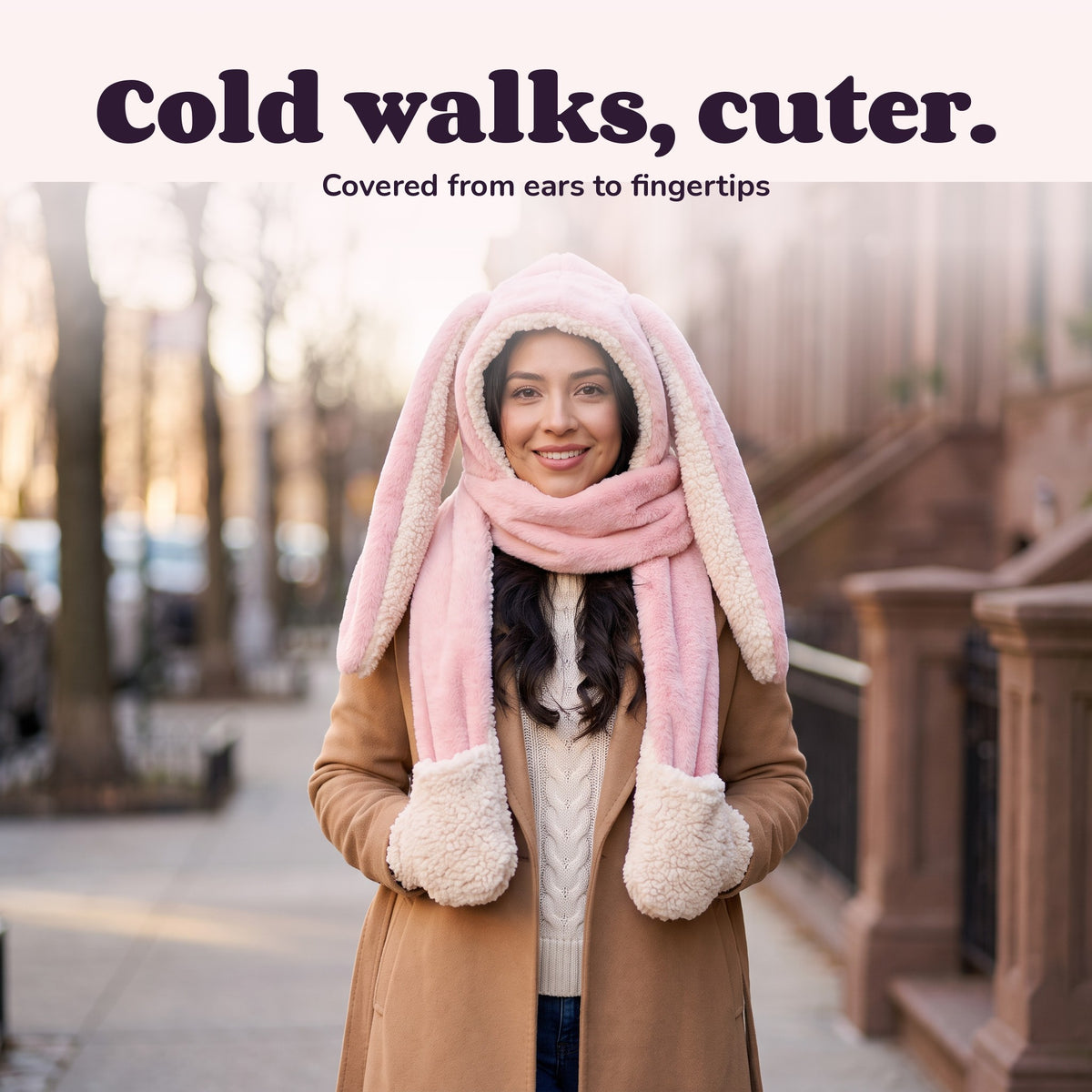 Woman using the Snugglet Bunny Set – Cold walks, cuter.