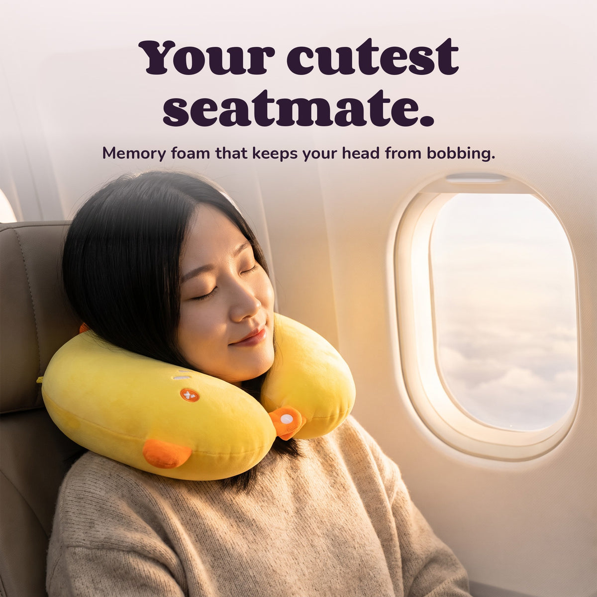 Woman using the Snugglet Flight Chick – Your cutest seatmate.