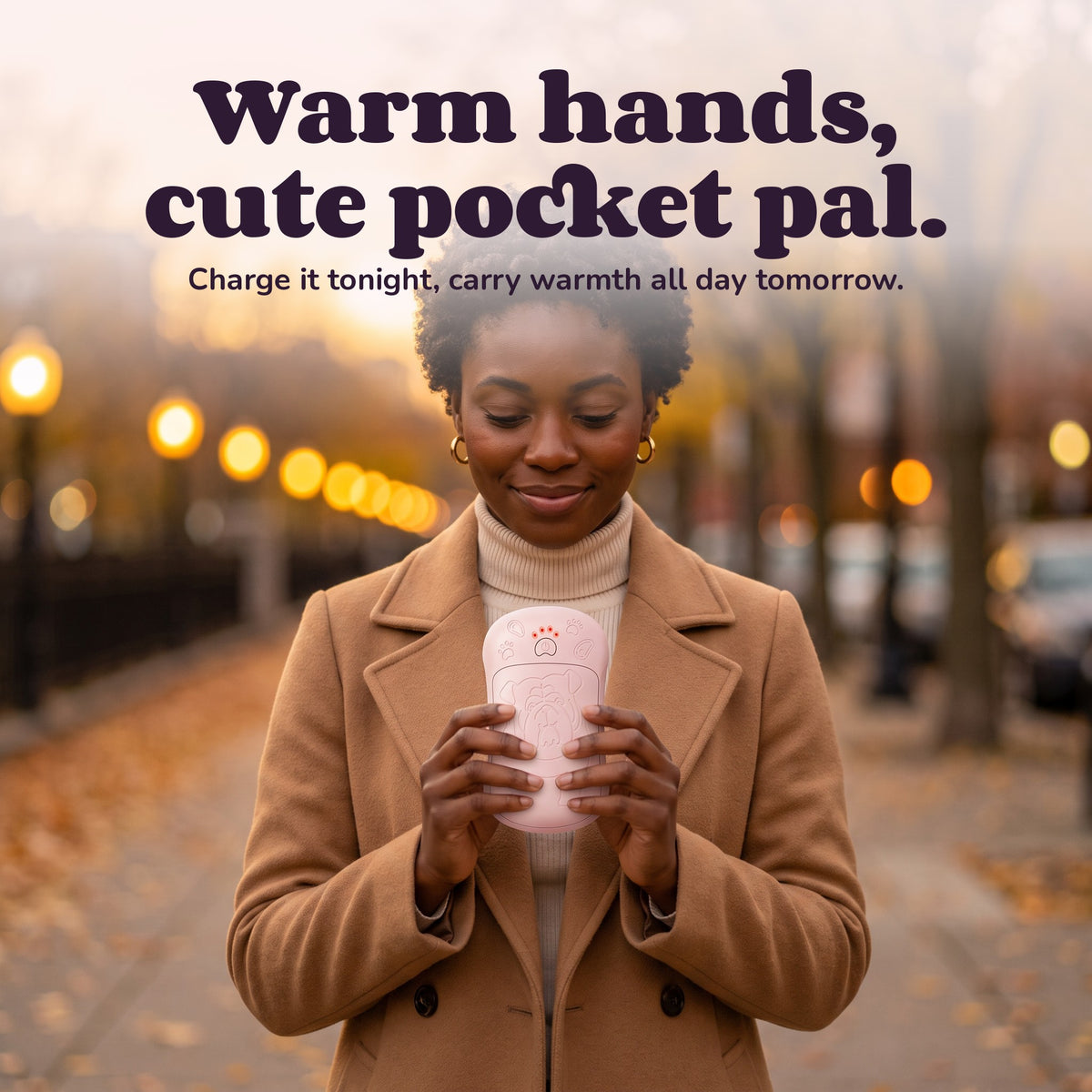 Woman using the Snugglet Pup Warmer – Warm hands, cute pocket pal.