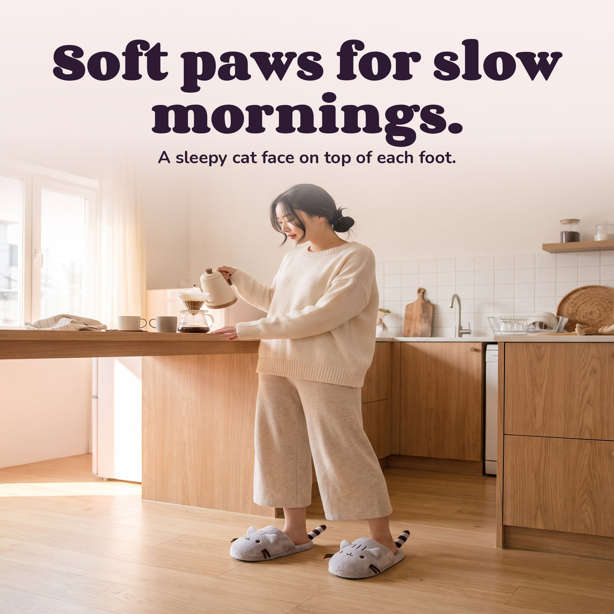 Woman using the Snugglet Kitty Slippers – Soft paws for slow mornings.