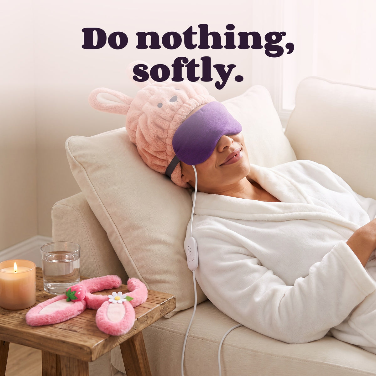 Woman relaxing with The Sunday Reset Kit – Do nothing, softly.