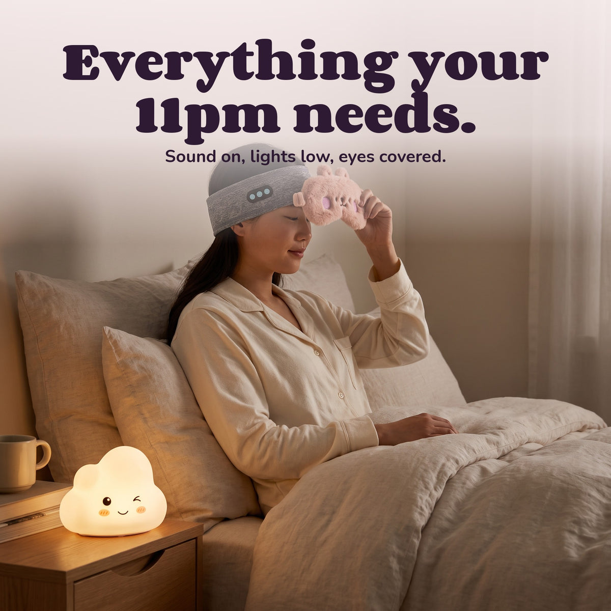 Woman winding down with The Lights Out Kit – Everything your 11pm needs.