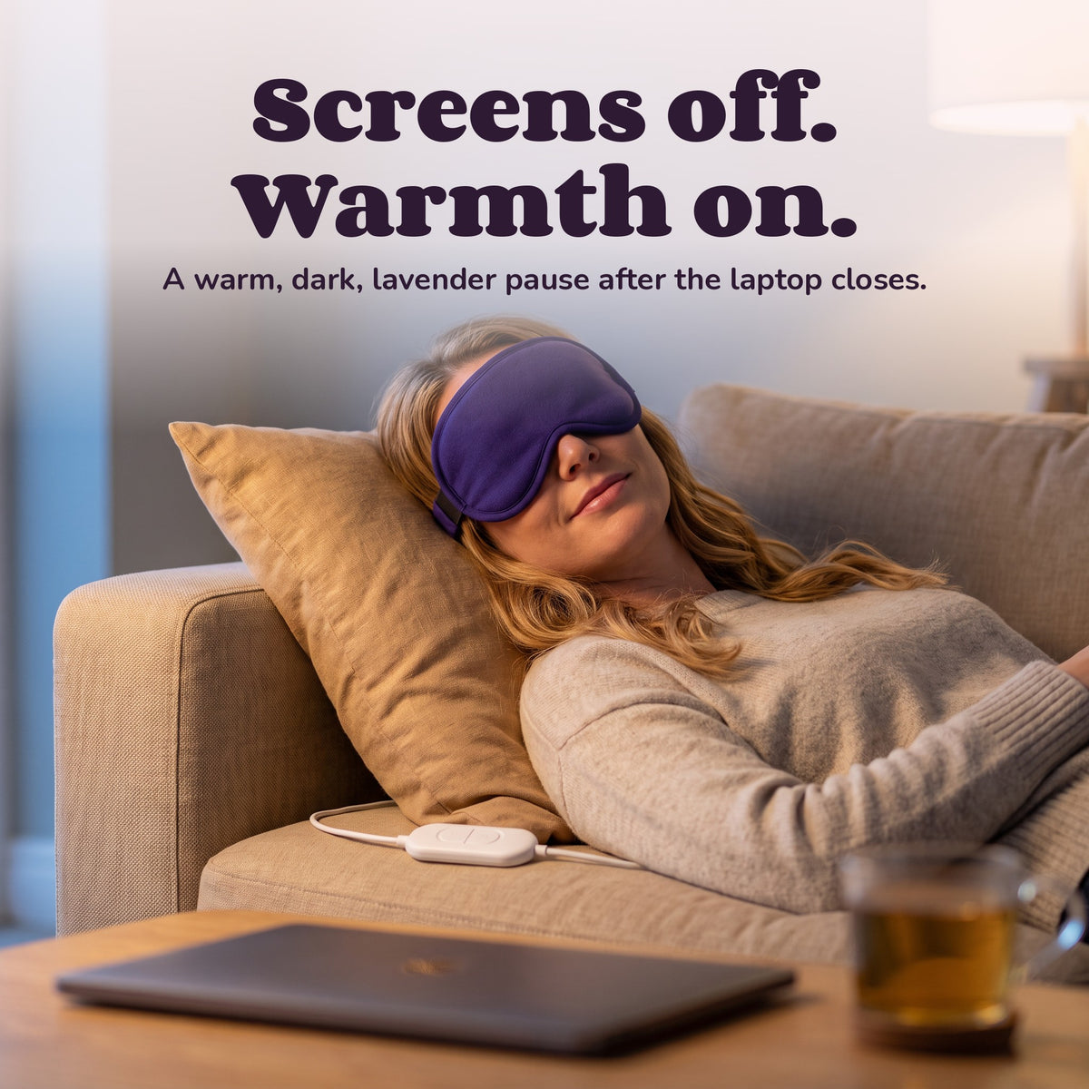 Woman using the Snugglet Dusk Mask – Screens off. Warmth on.