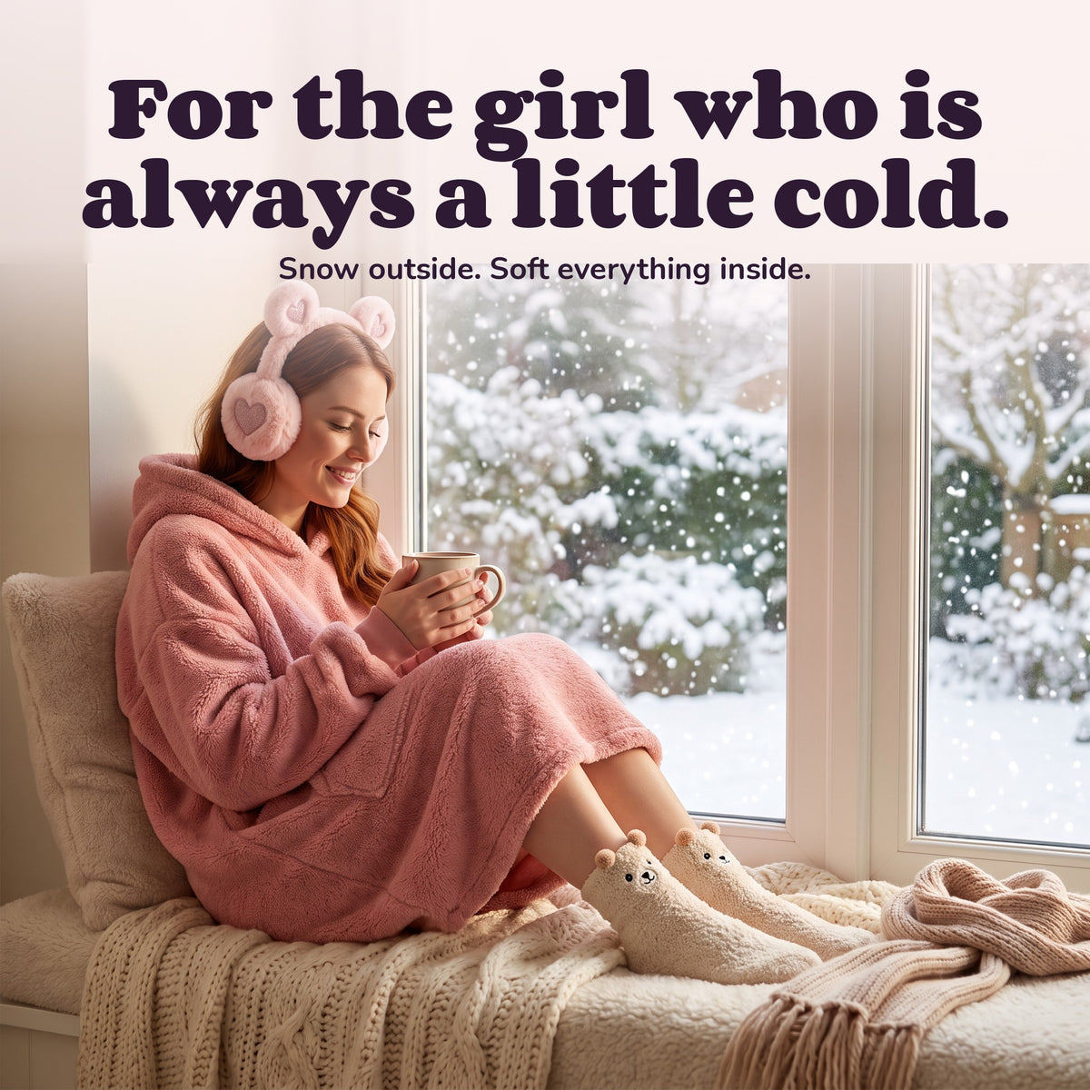 Woman on a snowy day with The Snow Day Kit – For the girl who is always a little cold.