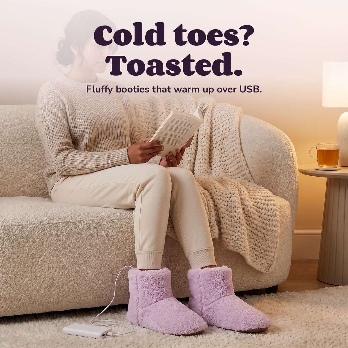 Woman using the Snugglet Toe Toasters – Cold toes? Toasted.