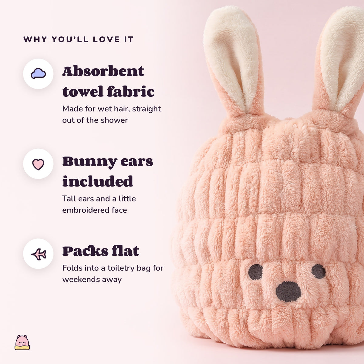 Snugglet Hair Hug: Absorbent towel fabric; Bunny ears included; Packs flat