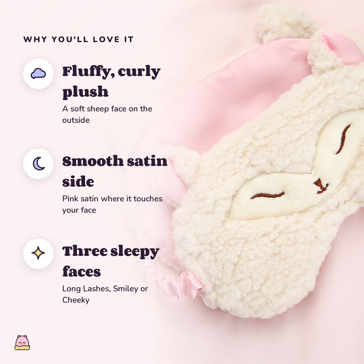 Snugglet Sleepy Sheep: Fluffy, curly plush; Smooth satin side; Three sleepy faces