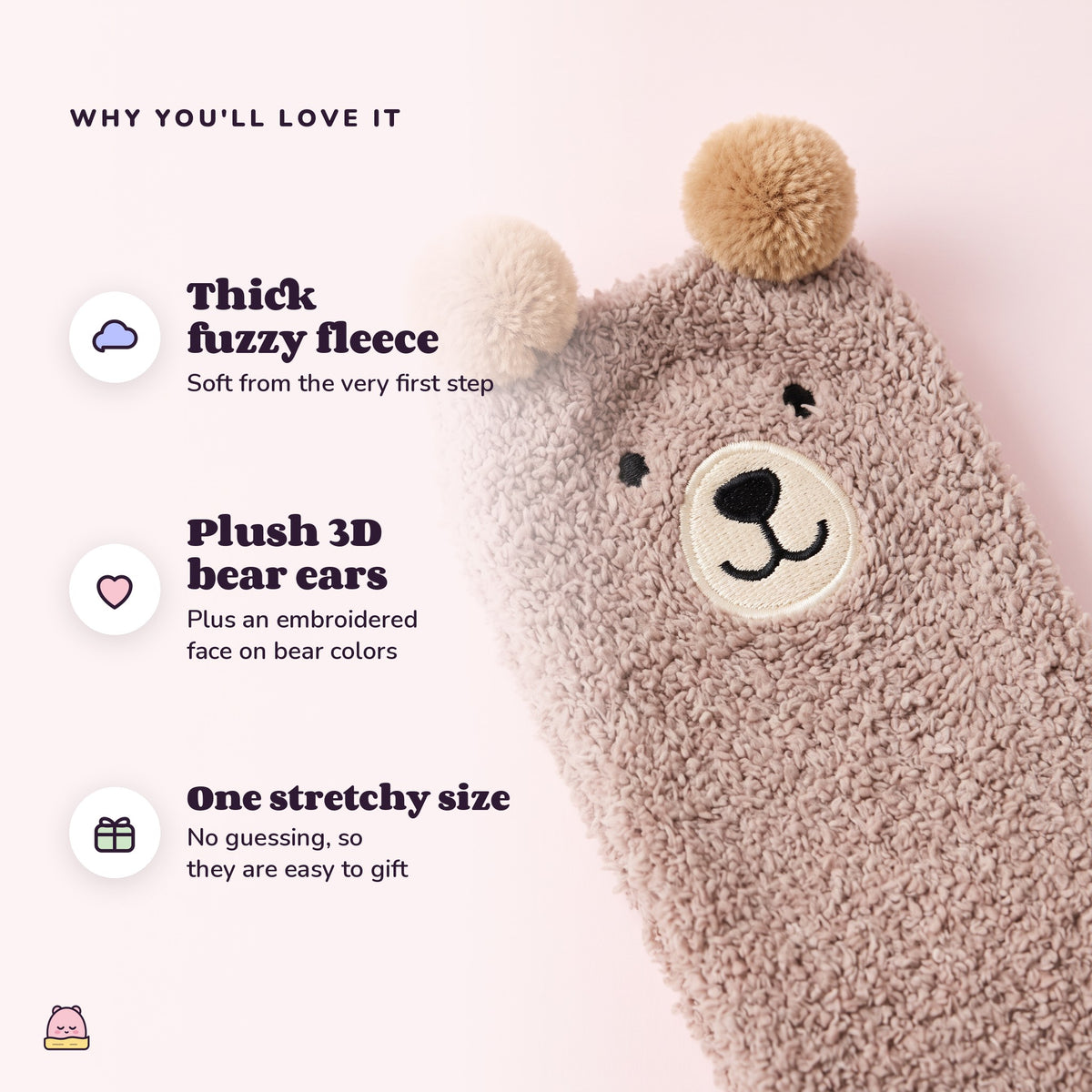 Snugglet Bear Socks: Thick fuzzy fleece; Plush 3D bear ears; One stretchy size