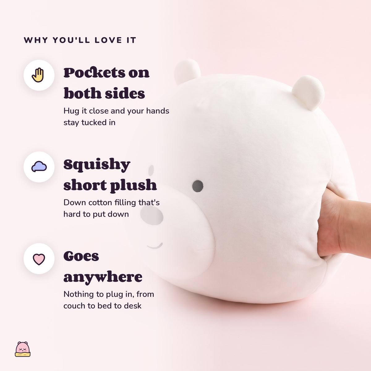 Snugglet Panda Buddy: Pockets on both sides; Squishy short plush; Goes anywhere