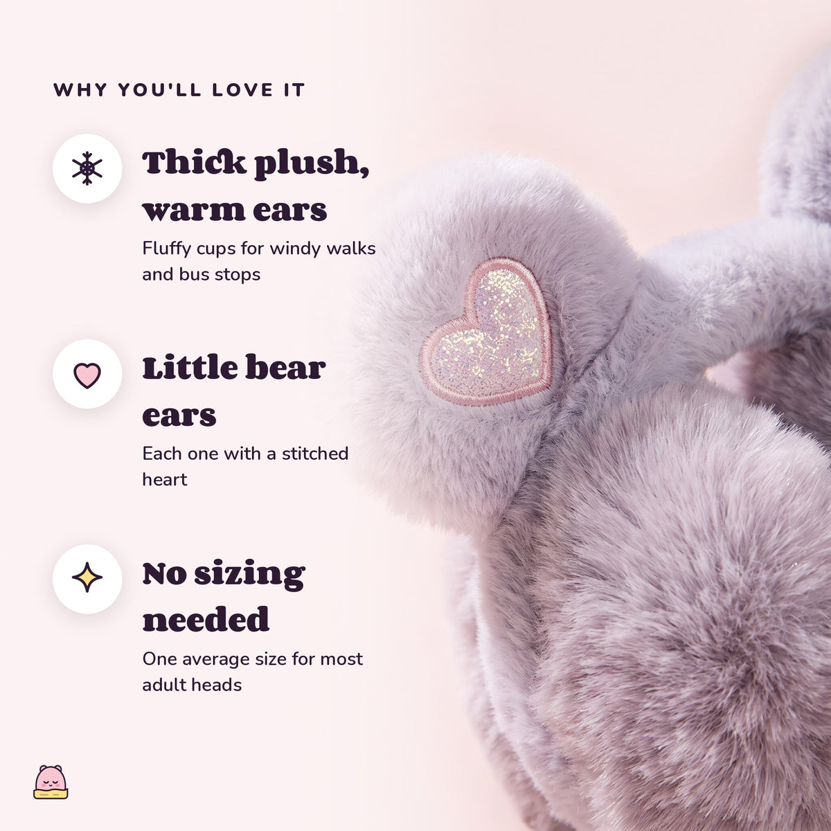 Snugglet Bear Muffs: Thick plush, warm ears; Little bear ears; No sizing needed
