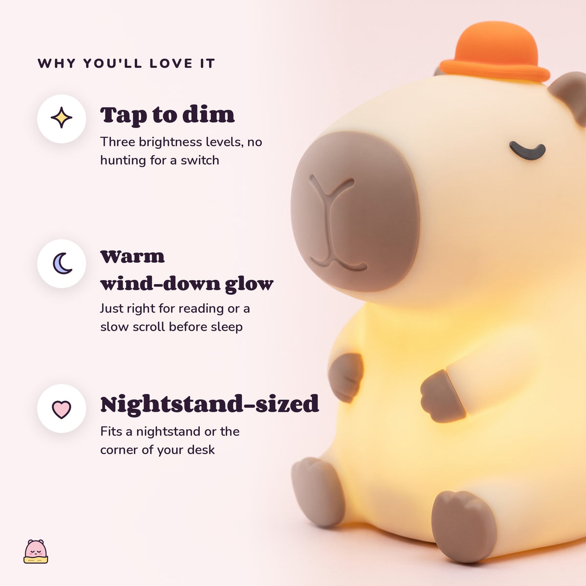 Snugglet Capy Glow: Tap to dim; Warm wind-down glow; Nightstand-sized