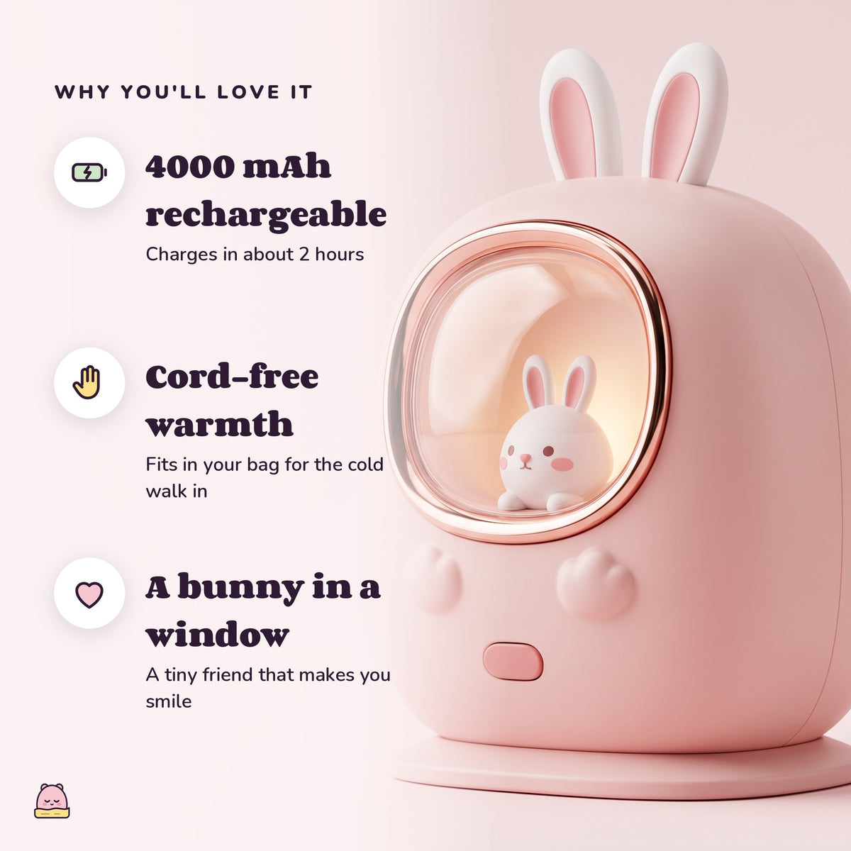 Snugglet Bun Warmer: 4000 mAh rechargeable; Cord-free warmth; A bunny in a window