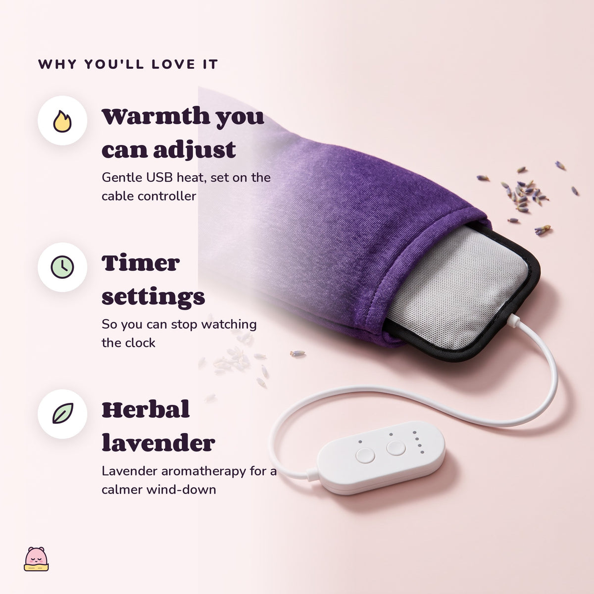 Snugglet Dusk Mask: Warmth you can adjust; Timer settings; Herbal lavender