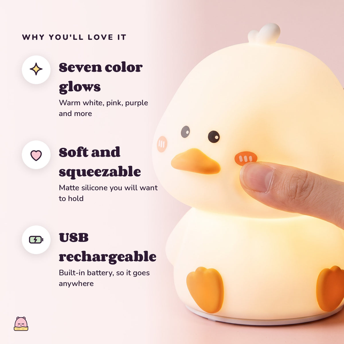 Snugglet Duck Glow: Seven color glows; Soft and squeezable; USB rechargeable