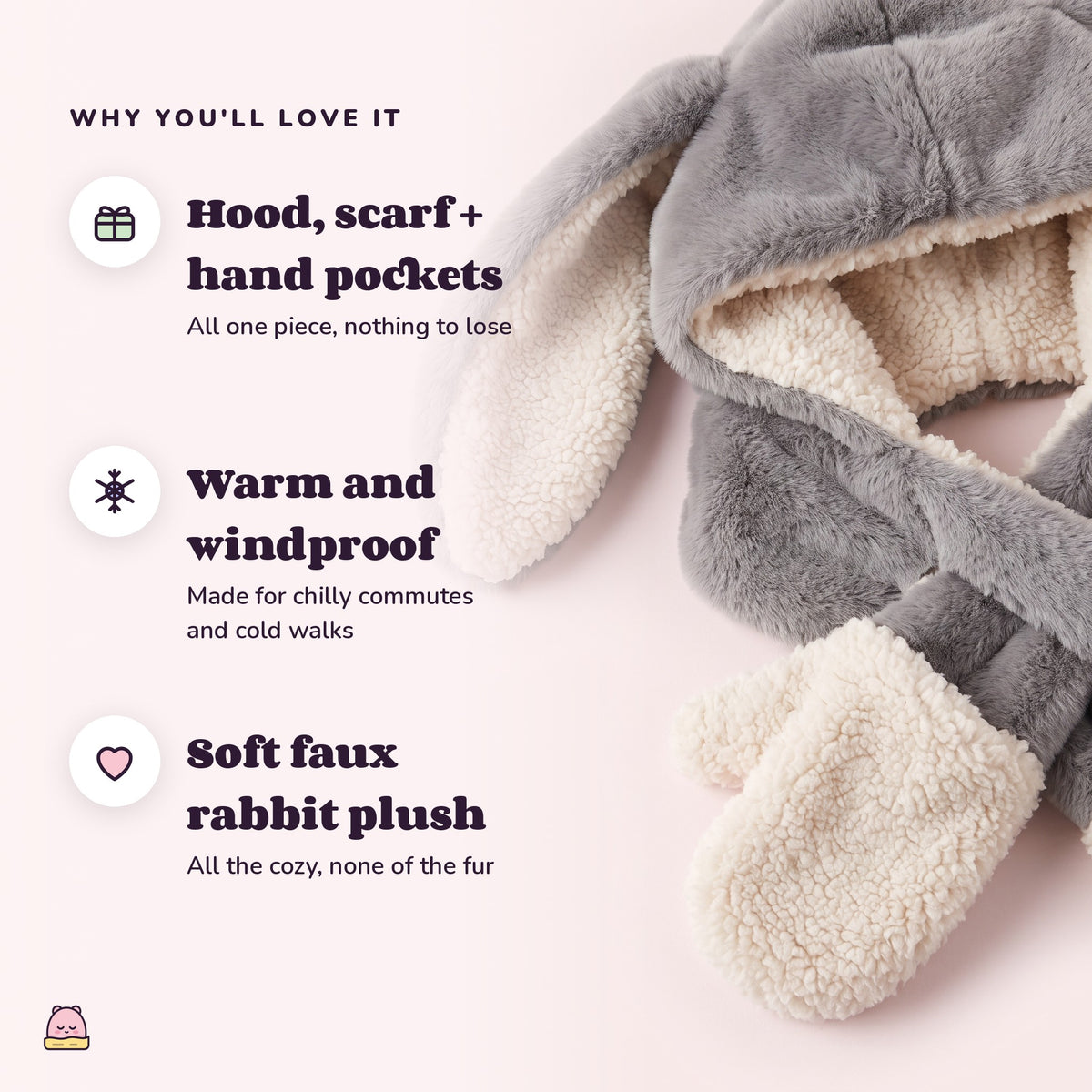 Snugglet Bunny Set: Hood, scarf + hand pockets; Warm and windproof; Soft faux rabbit plush