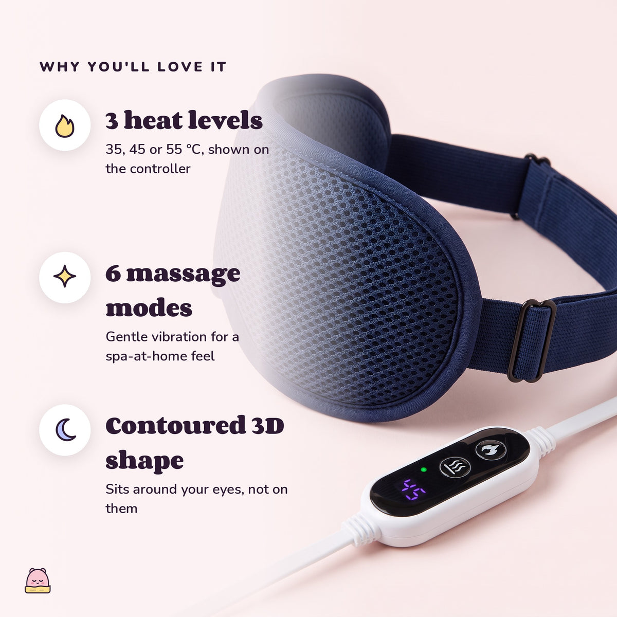 Snugglet Dusk Mask Pro: 3 heat levels; 6 massage modes; Contoured 3D shape