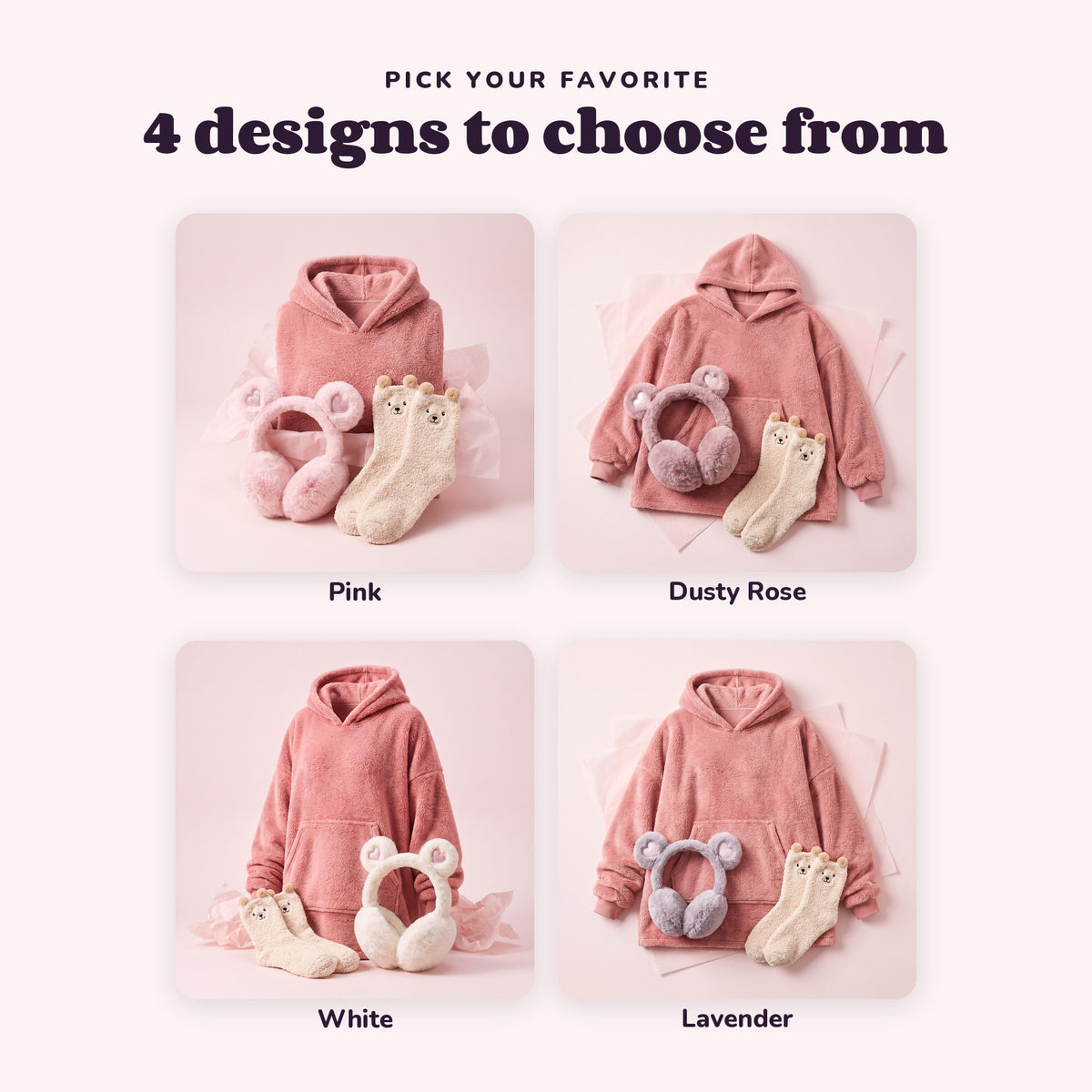 The Snow Day Kit with Pink, Dusty Rose, White or Lavender Bear Muffs