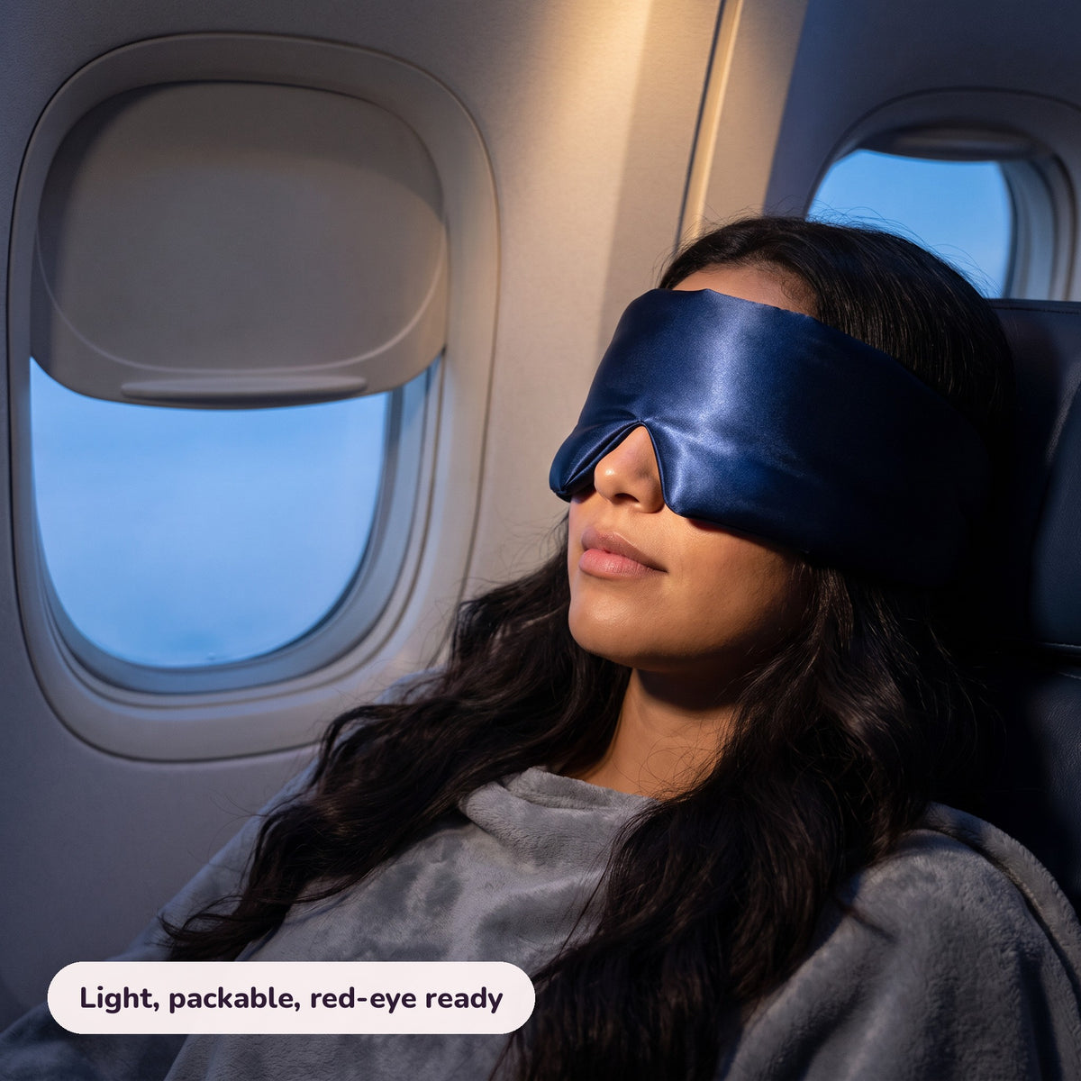 Snugglet Hush Mask in use – Light, packable, red-eye ready