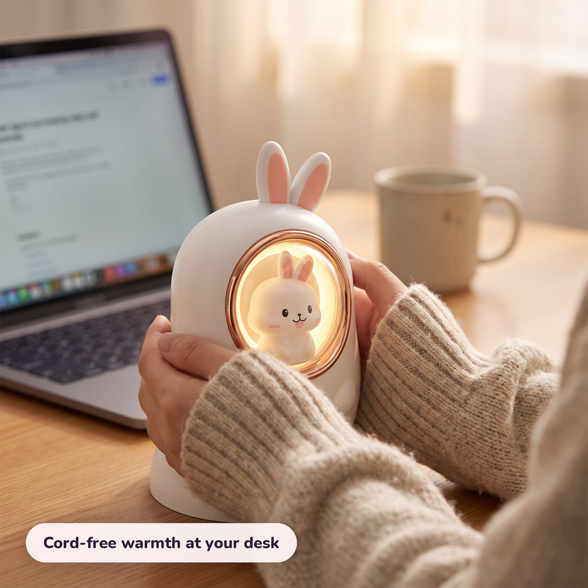 Snugglet Bun Warmer in use – Cord-free warmth at your desk