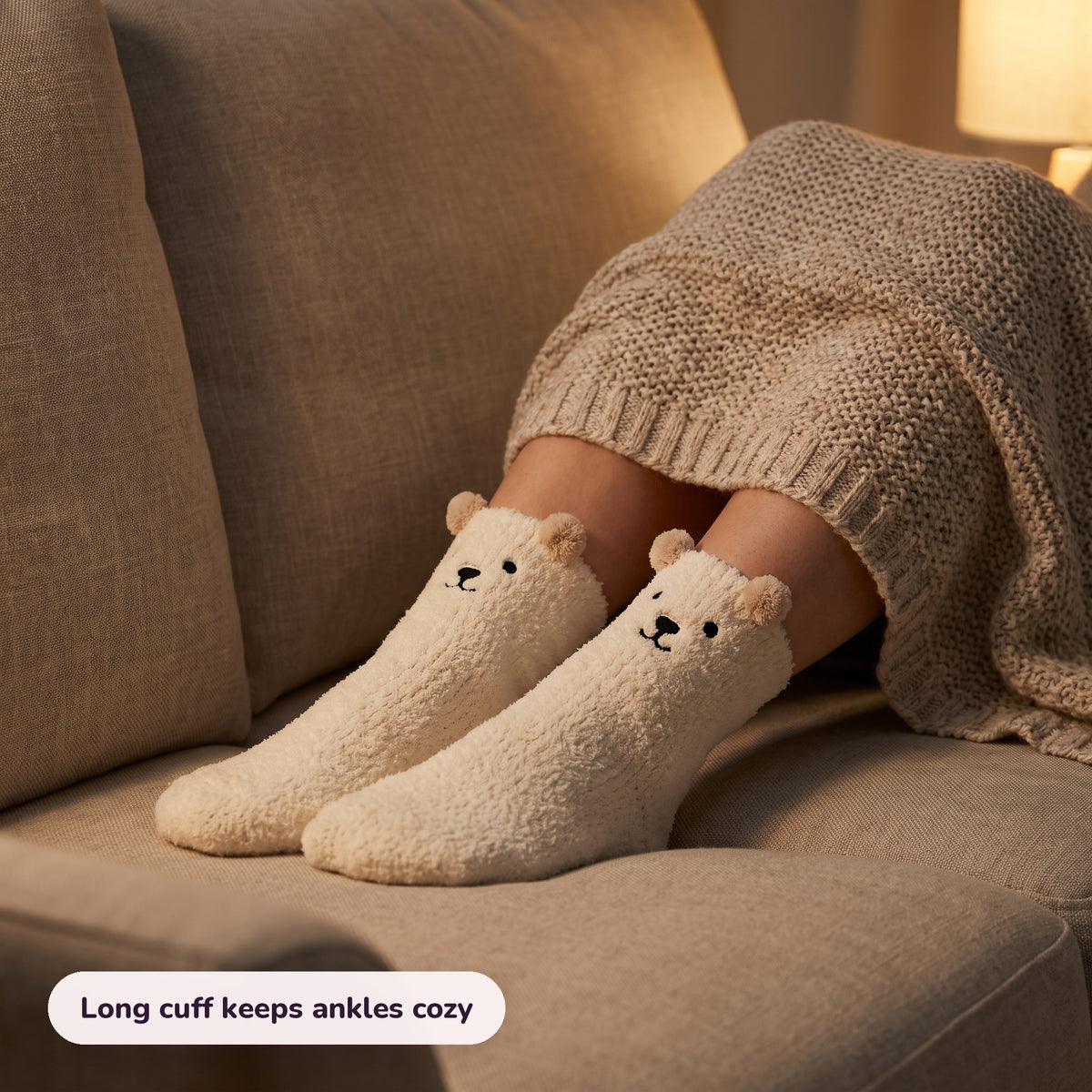 Snugglet Bear Socks in use – Long cuff keeps ankles cozy