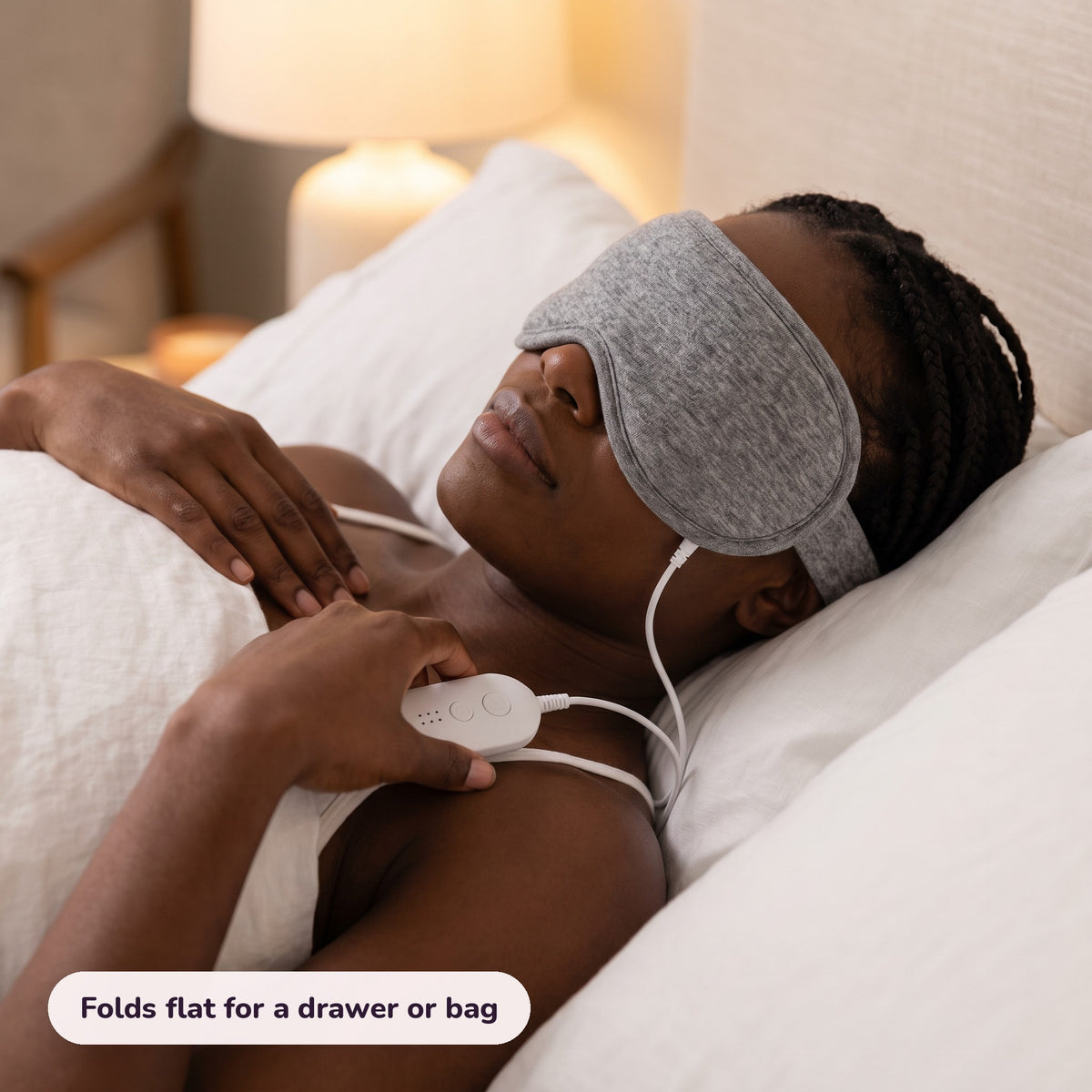 Snugglet Dusk Mask in use – Folds flat for a drawer or bag