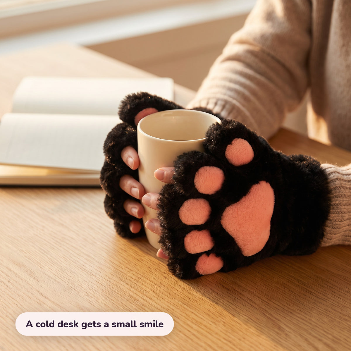 Snugglet Paw Gloves in use – A cold desk gets a small smile