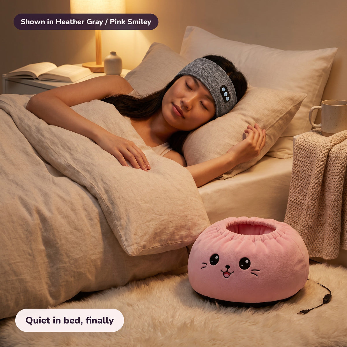 The Long Day Kit in Heather Gray / Pink Smiley: Quiet in bed, finally