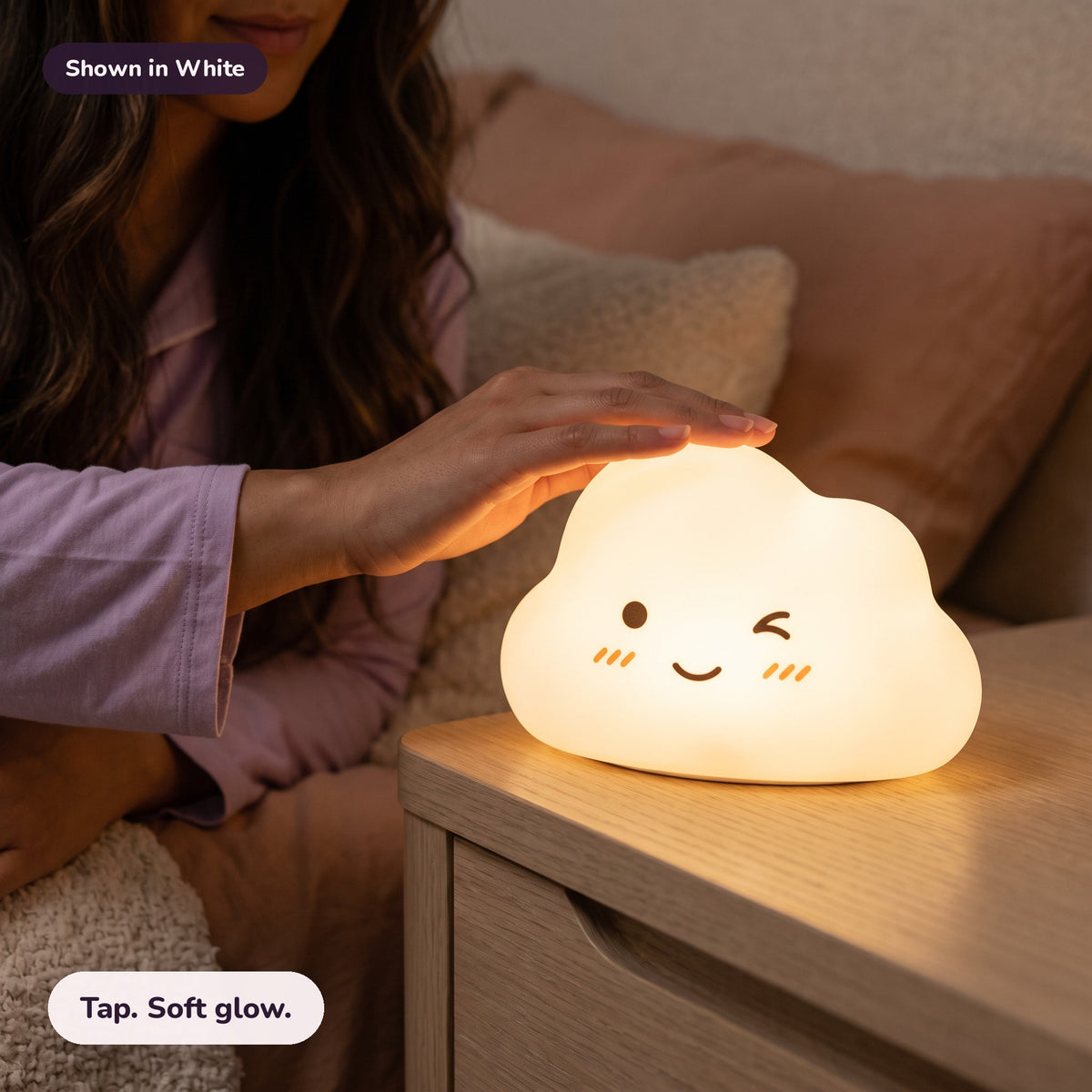 Snugglet Cloud Glow in White: Tap. Soft glow.