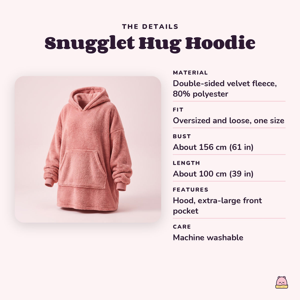 Snugglet Hug Hoodie details: double-sided velvet fleece, oversized one-size fit