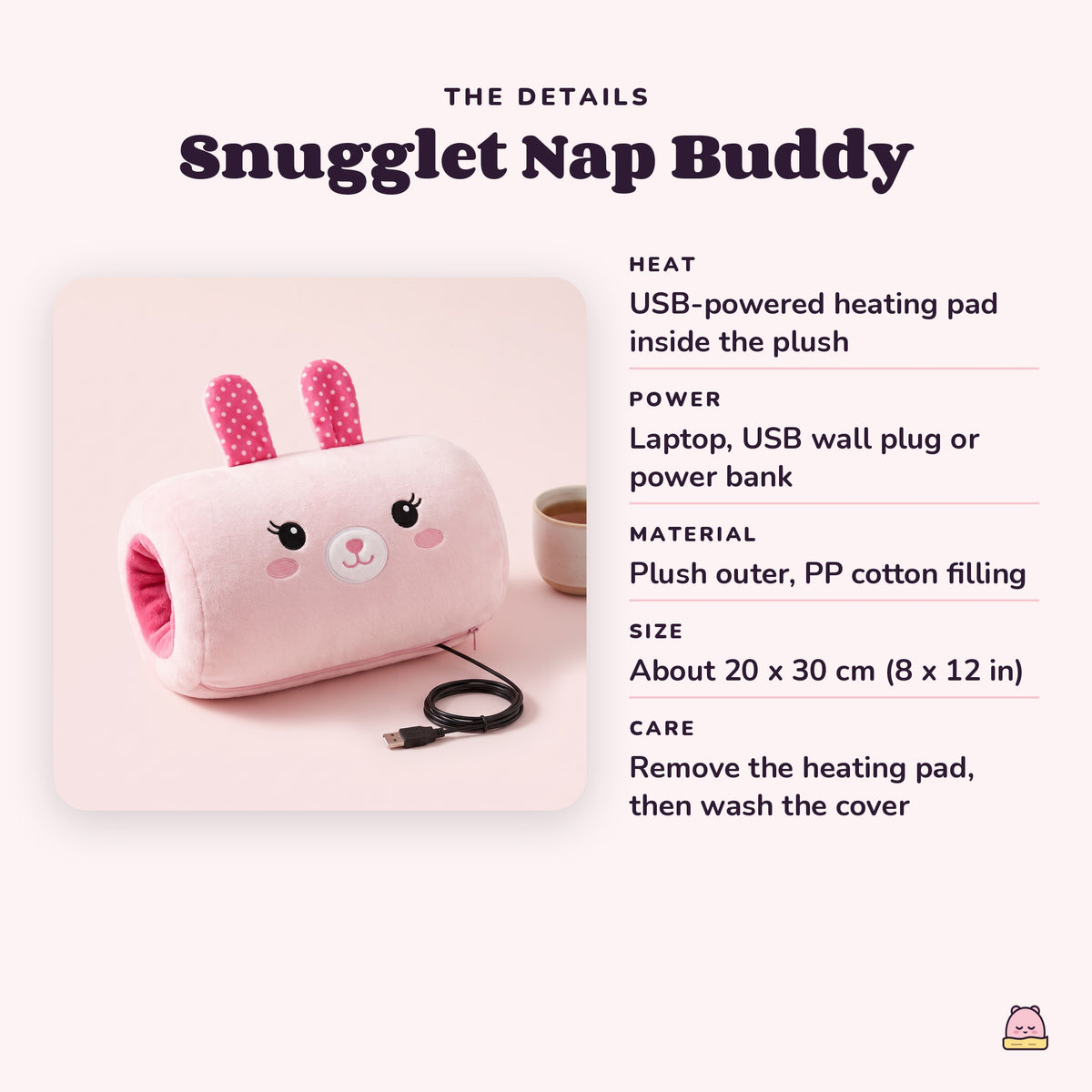 Snugglet Nap Buddy details: USB heating pad inside the plush, runs on a laptop, USB plug or power bank